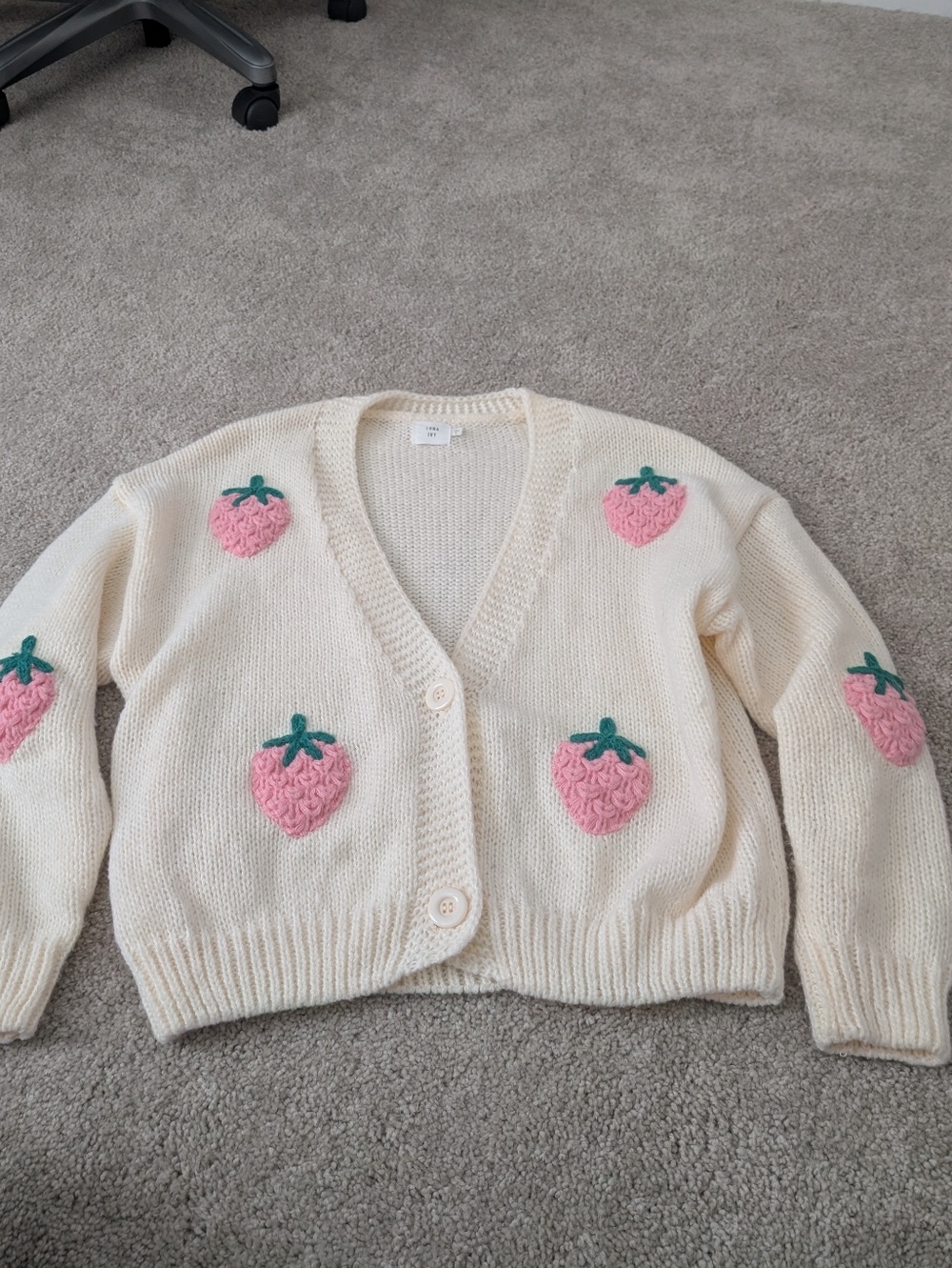 Luna Ivy 3D Knit Off White Pink Strawberry Cardigan Sweater Large